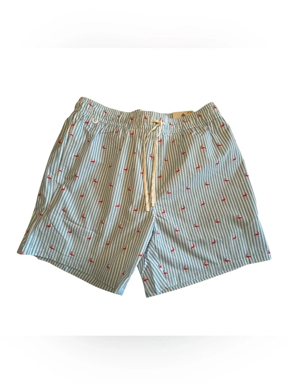 RAINFOREST Light Blue & White Seersucker Swim Trunks with Red Anchor Accents